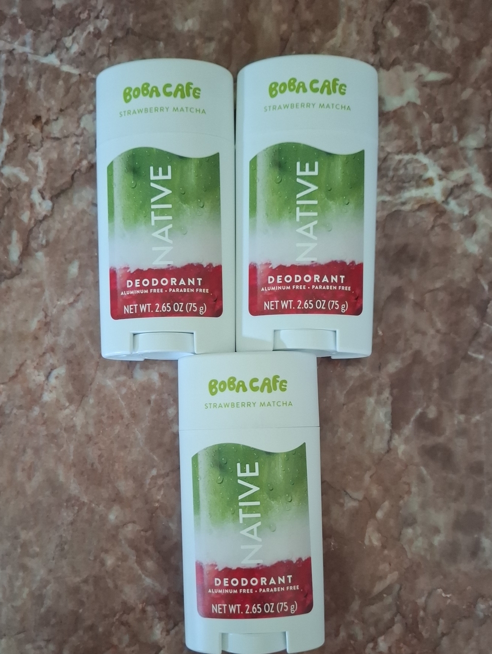 3 Native Boba Cafe Strawberry Matcha Deodorants — White/Green/Red